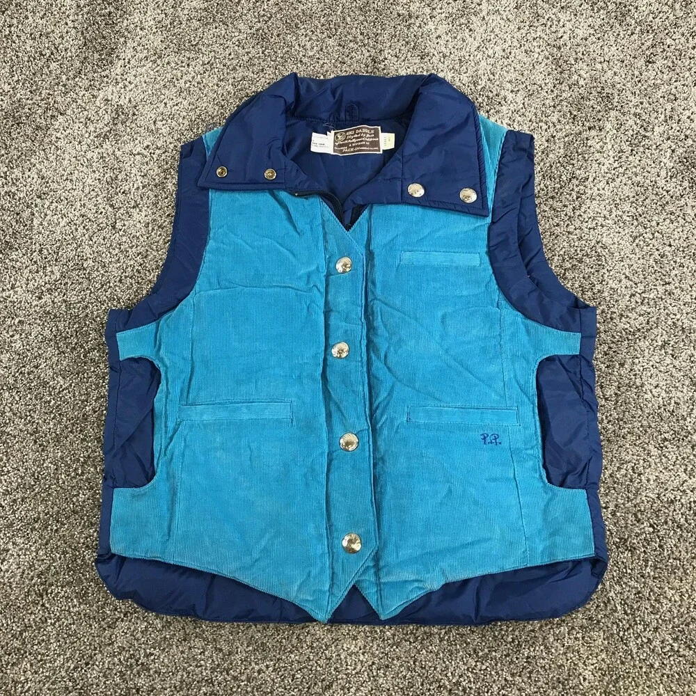 Vintage Ski Daddle Vest Mens Large Blue Corduroy Down Puffer Western Snap Front